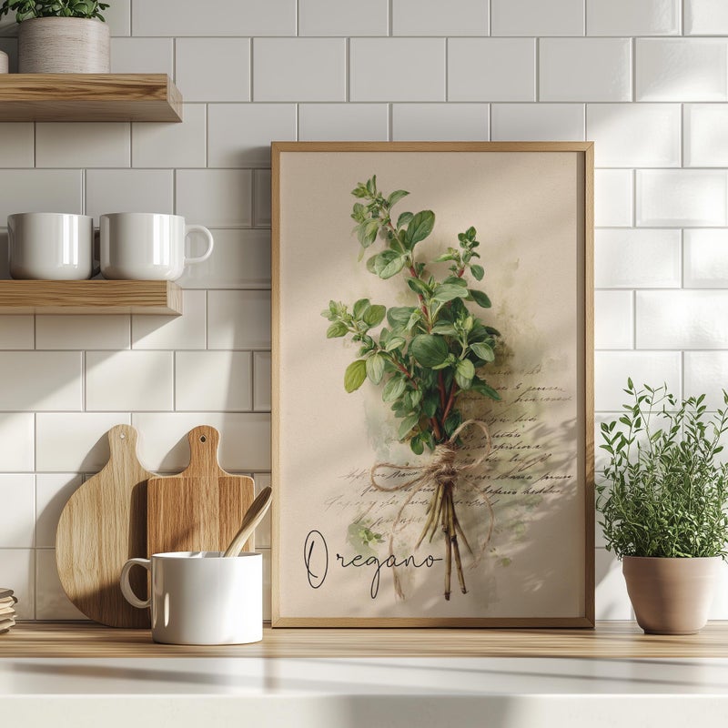 TNESSENTIAL Oregano Botanical Art Poster or Canvas Print, Typography Cottagecore Herb Wall Art for Kitchen, Farmhouse Country Decor, Plant Lover Gift - Image 1