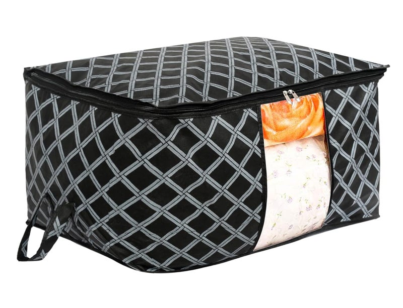 Kuber Industries NonWoven Check Print Jumbo Underbed Storage BagClothes Organizer For Clothes Quilts Blankets With Handle Black - Image 1