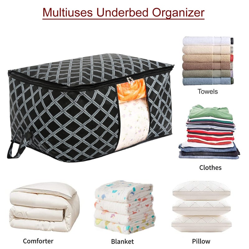 Kuber Industries NonWoven Check Print Jumbo Underbed Storage BagClothes Organizer For Clothes Quilts Blankets With Handle Black - Image 3