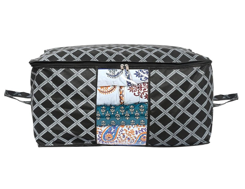 Kuber Industries NonWoven Check Print Jumbo Underbed Storage BagClothes Organizer For Clothes Quilts Blankets With Handle Black - Image 2