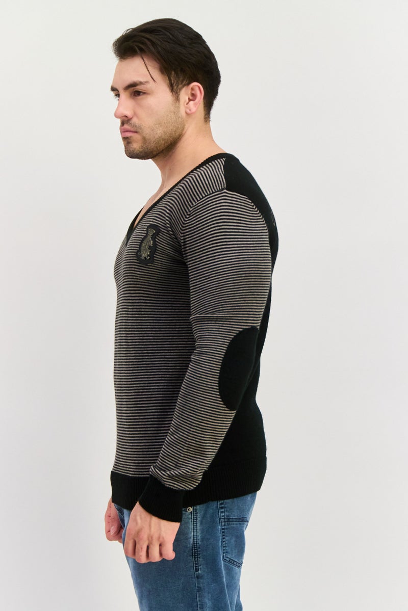 CHRISTIAN AUDIGIER Men V Neck Stripe Long Sleeves Sweater, Black Combo - Image 3