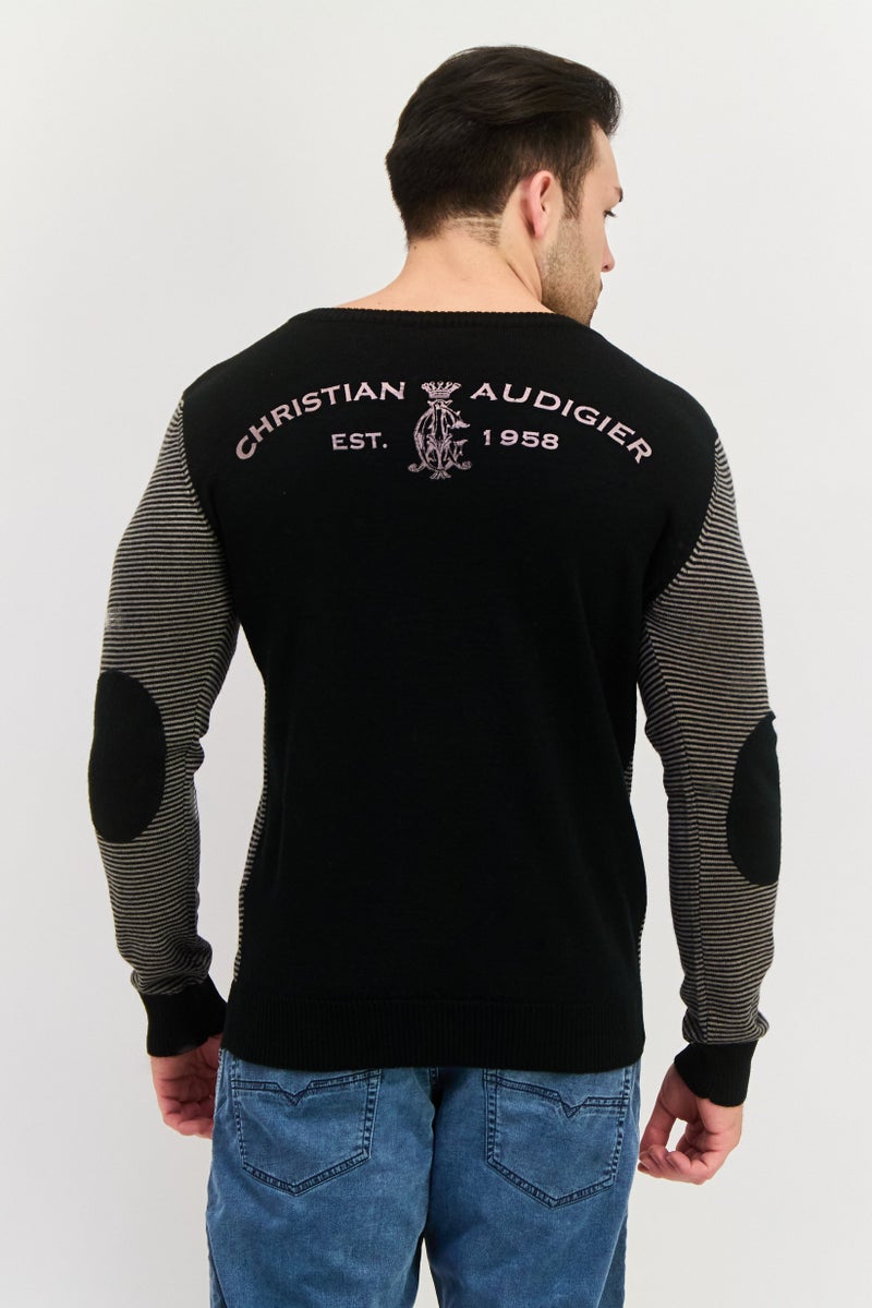 CHRISTIAN AUDIGIER Men V Neck Stripe Long Sleeves Sweater, Black Combo - Image 4