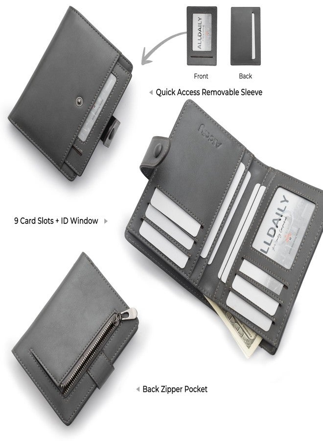 Alldaily محفظة جلدية صغيرة من Alldaily للنساء مزودة بتقنية حجب RFID، ثنائية الطي مع 10 فتحات للبطاقات وجيب بسحاب (رمادي) - Image 2