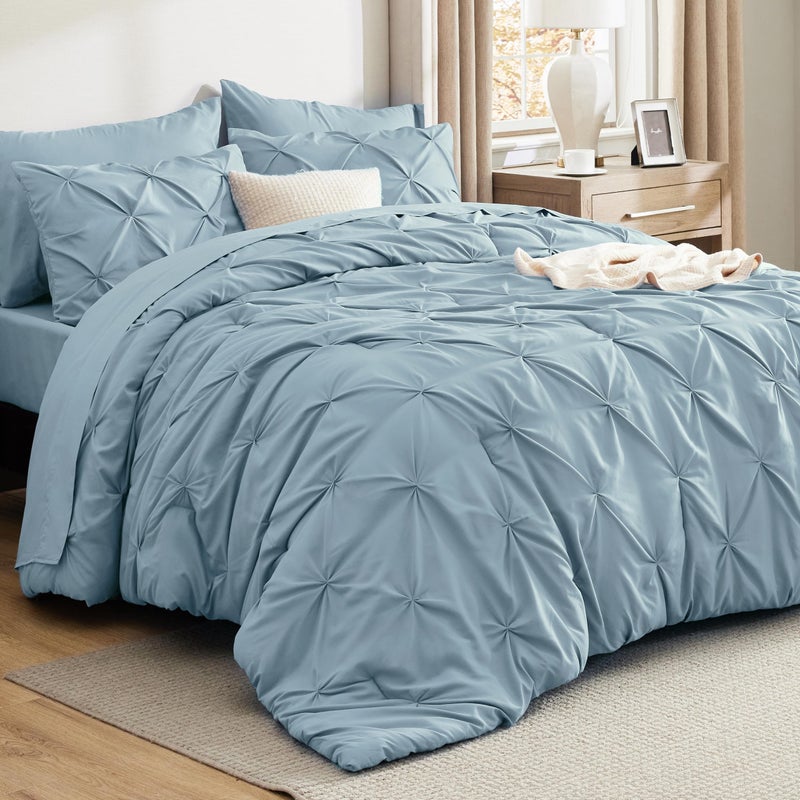 Bedsure Bedsure California King Comforter Set Light Blue  Bed in a Bag California King 7 Pieces GentleSoft Pintuck Bed Set Gift for Family Pinch Pleat Light Blue Comforter with Sheets Pillowcases  Shams 