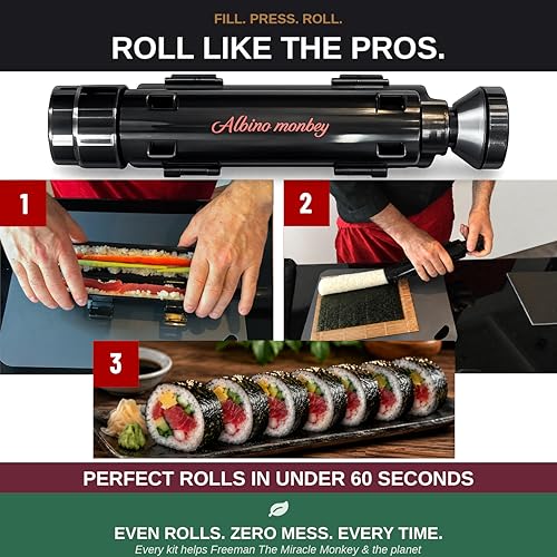 Albino monkey Sushi Making Kit with Pro Sashimi Knife – Roll 10+ Sushi Types – Sushi Bazooka, Bamboo + Dishwasher-Safe Mats, Nigiri Mold & Avocado Slicer Gift Box + Step-by-Step Video Guide - Image 4