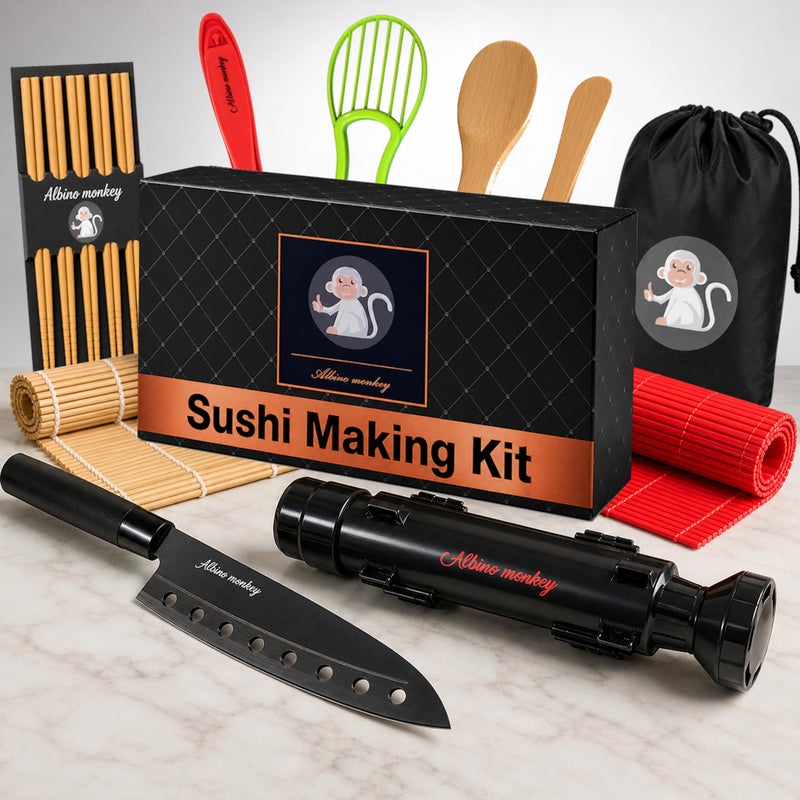 Albino monkey Sushi Making Kit with Pro Sashimi Knife – Roll 10+ Sushi Types – Sushi Bazooka, Bamboo + Dishwasher-Safe Mats, Nigiri Mold & Avocado Slicer Gift Box + Step-by-Step Video Guide - Image 5