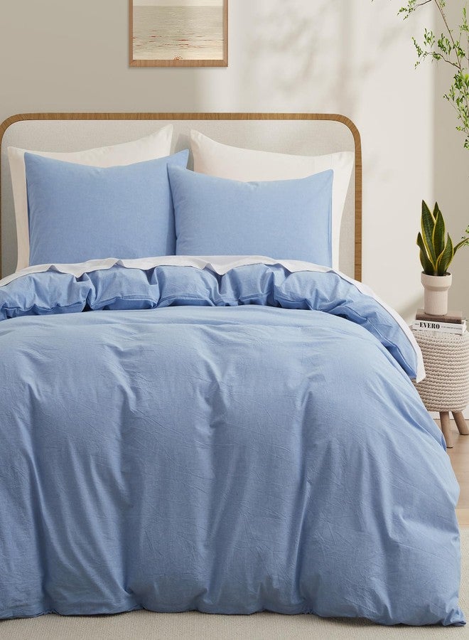 LOVQUE Light Blue Cotton Duvet Cover Twin Size, Linen Like Natural Bedding Set with Zipper Closure (No Comforter), 68x90 Inches - Image 1