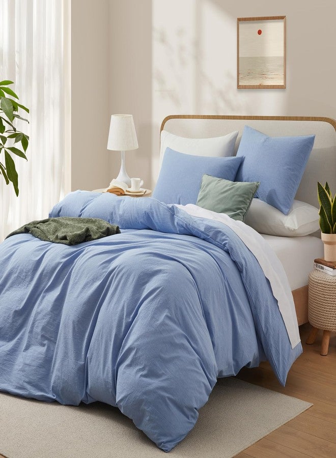 LOVQUE Light Blue Cotton Duvet Cover Twin Size, Linen Like Natural Bedding Set with Zipper Closure (No Comforter), 68x90 Inches - Image 2