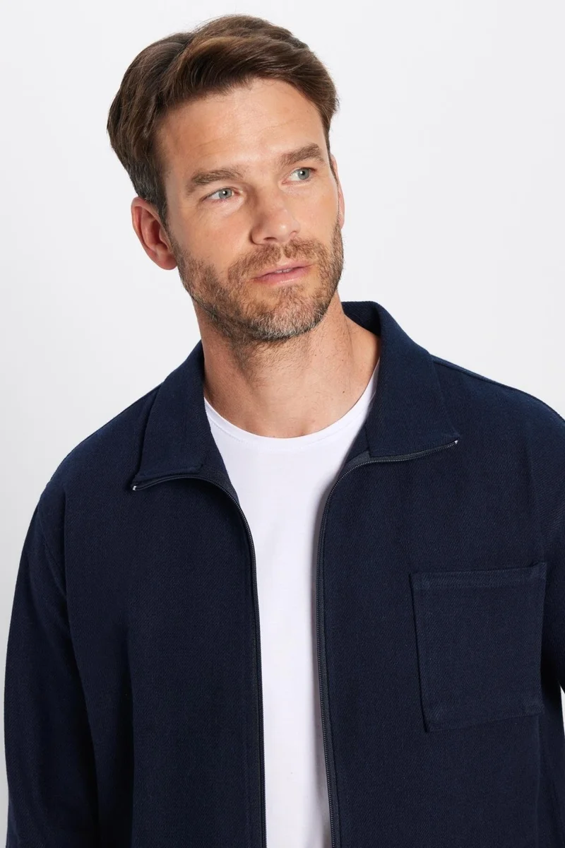 تودورس Men's Relax Fit Casual Cut Zippered Pocket Winter Navy Blue Stand Collar Jacket Shirt