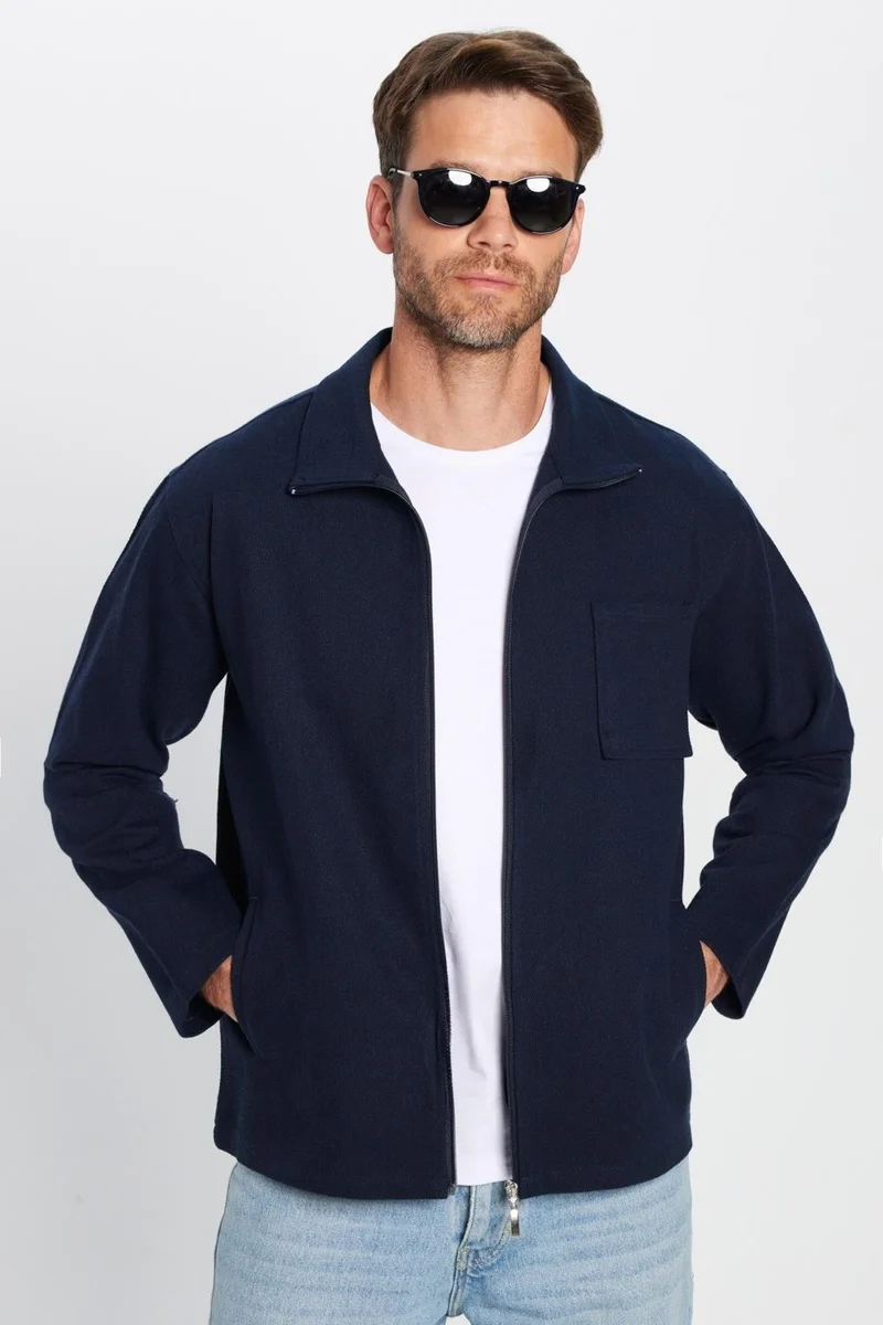 تودورس Men's Relax Fit Casual Cut Zippered Pocket Winter Navy Blue Stand Collar Jacket Shirt