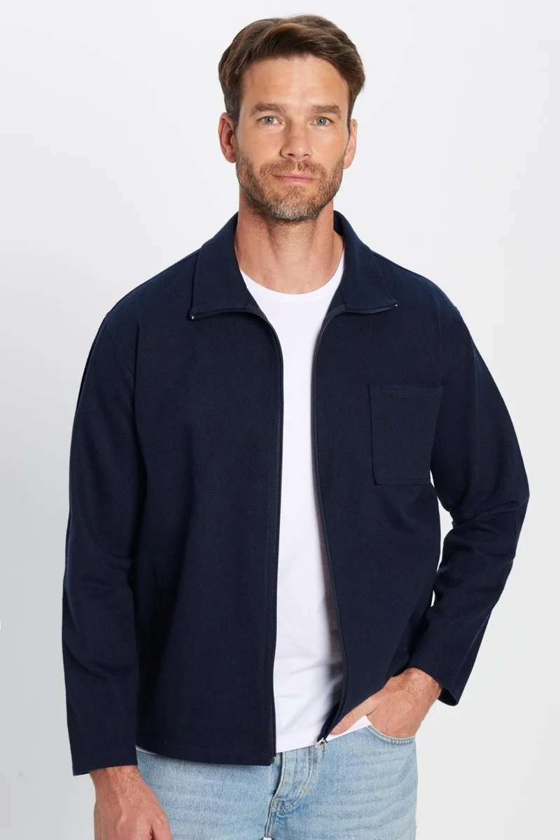 تودورس Men's Relax Fit Casual Cut Zippered Pocket Winter Navy Blue Stand Collar Jacket Shirt