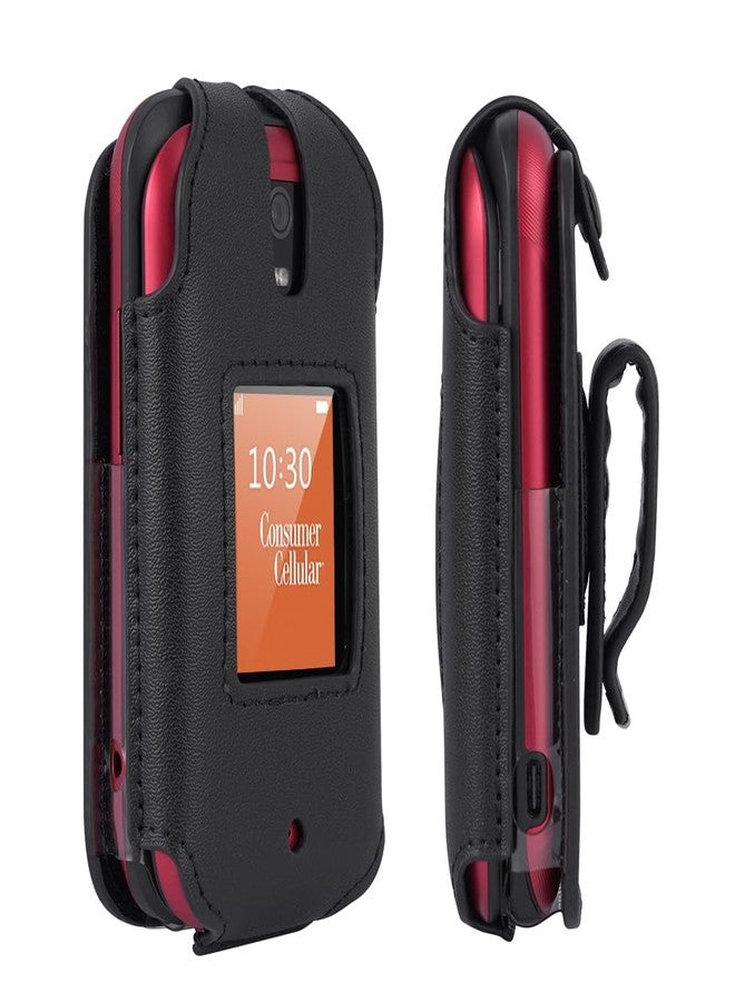 BELTRON Leather Case for Consumer Cellular Iris Flip Phone (2023) - Features: Secure Fit, Rotating Belt Clip, Screen & Keypad Protection (SH3320) - Black - Image 1