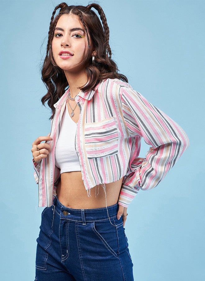 CHIMPAAANZEE Striped Spread Collar Long Sleeves Crop Oversized Casual Shirt - Image 3