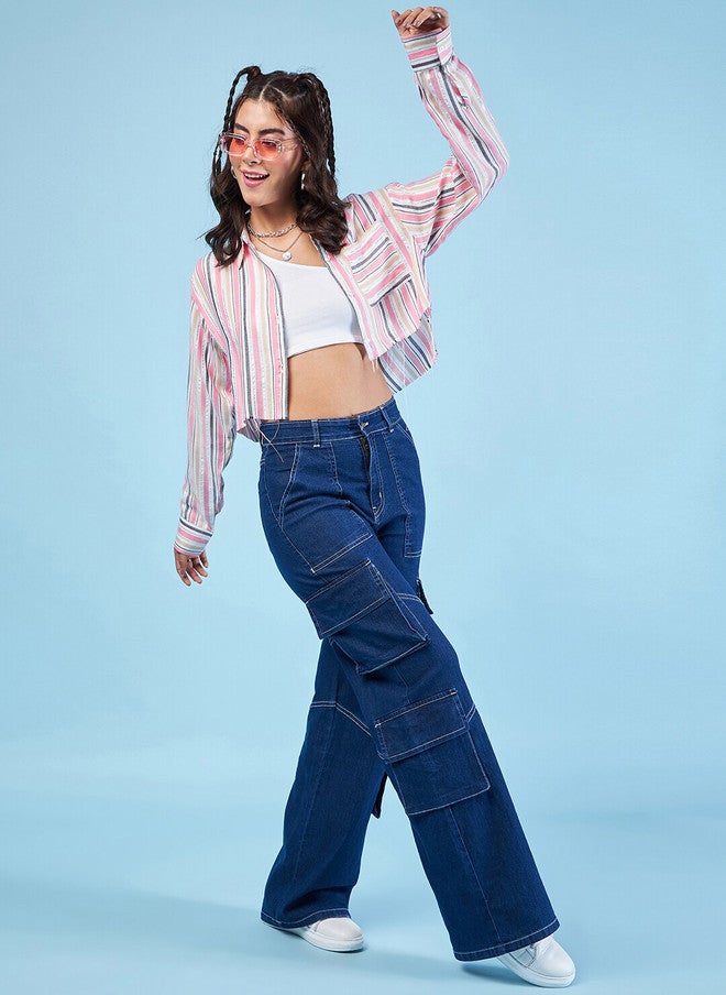 CHIMPAAANZEE Striped Spread Collar Long Sleeves Crop Oversized Casual Shirt - Image 5