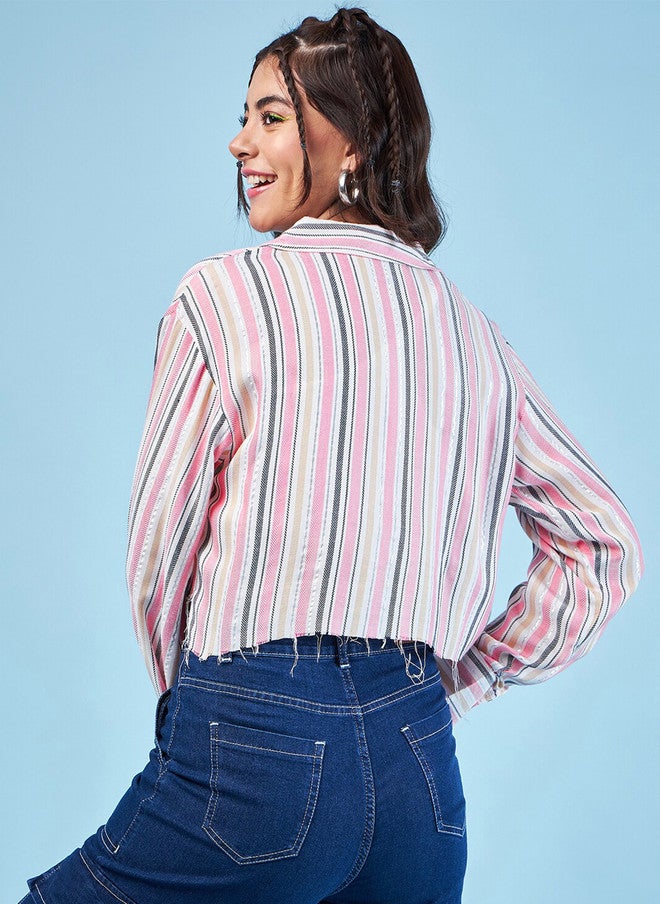 CHIMPAAANZEE Striped Spread Collar Long Sleeves Crop Oversized Casual Shirt - Image 4