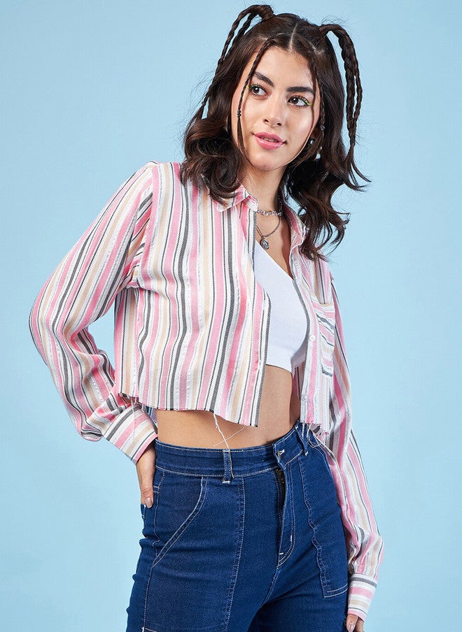 CHIMPAAANZEE Striped Spread Collar Long Sleeves Crop Oversized Casual Shirt - Image 1