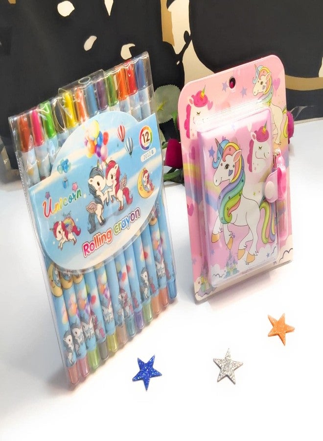 CLICKETY CLACK Funky Crazy Twistable Rolling 12 Non Toxic Coloring Crayons with Unicorn Pocket Diary with Pen/Birthday Party Favor, Ideal Return Gift for Kids (Unicorn) - Image 1