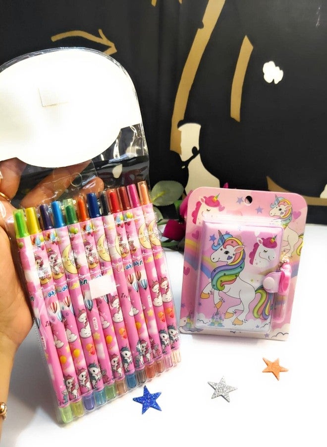 CLICKETY CLACK Funky Crazy Twistable Rolling 12 Non Toxic Coloring Crayons with Unicorn Pocket Diary with Pen/Birthday Party Favor, Ideal Return Gift for Kids (Unicorn) - Image 3