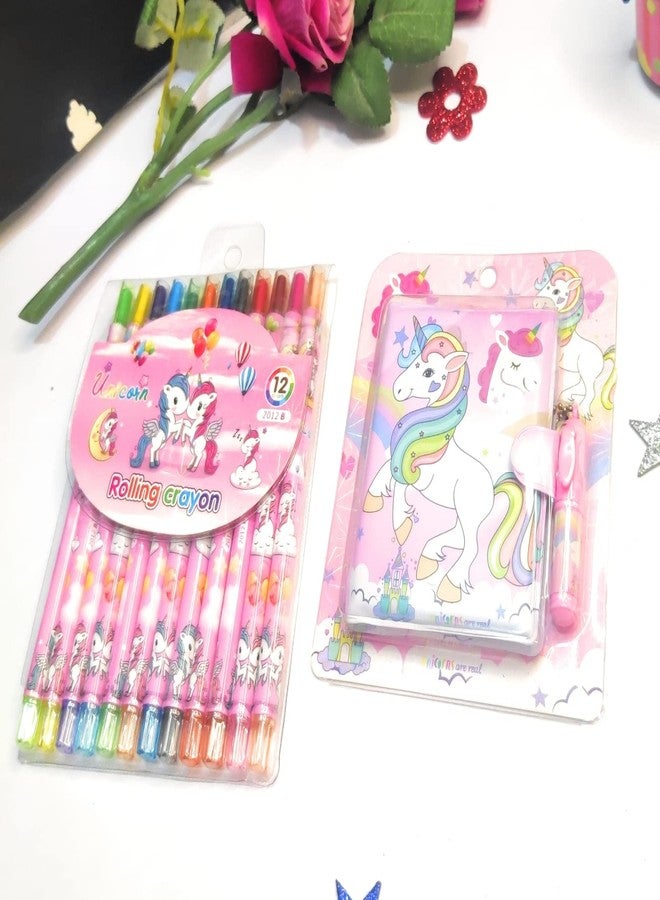 CLICKETY CLACK Funky Crazy Twistable Rolling 12 Non Toxic Coloring Crayons with Unicorn Pocket Diary with Pen/Birthday Party Favor, Ideal Return Gift for Kids (Unicorn) - Image 2