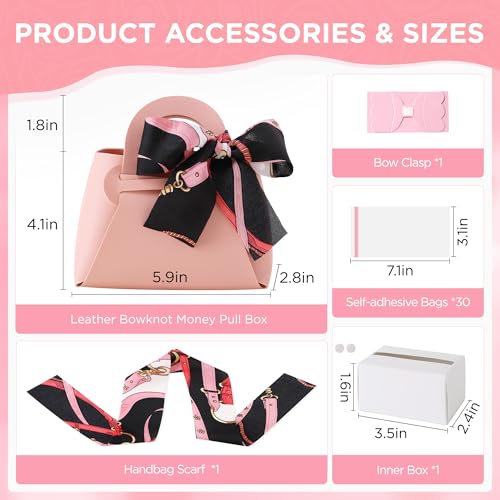 Vane Oak 2PCS Money Pull Box for Cash, Leather Surprise Money Boxes with Ribbon Mini Money Pull Bags with 30 Pcs Transparent Bags for Birthday Party Christmas (Pink) - Image 3