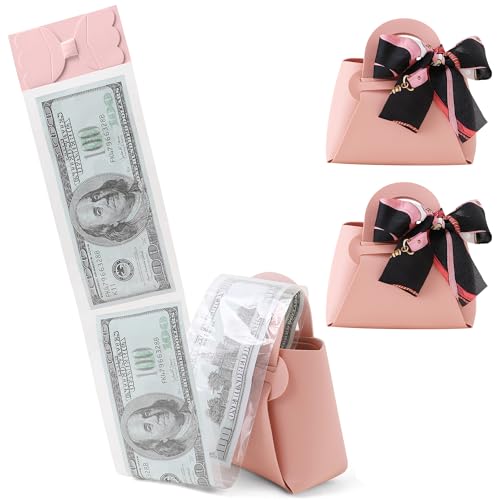 Vane Oak 2PCS Money Pull Box for Cash, Leather Surprise Money Boxes with Ribbon Mini Money Pull Bags with 30 Pcs Transparent Bags for Birthday Party Christmas (Pink) - Image 1