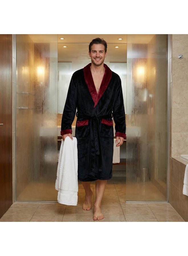 U2SKIIN Mens Fleece Robe Plush Collar Shawl Bathrobe, Black/Dark Red, L-XL - Image 4