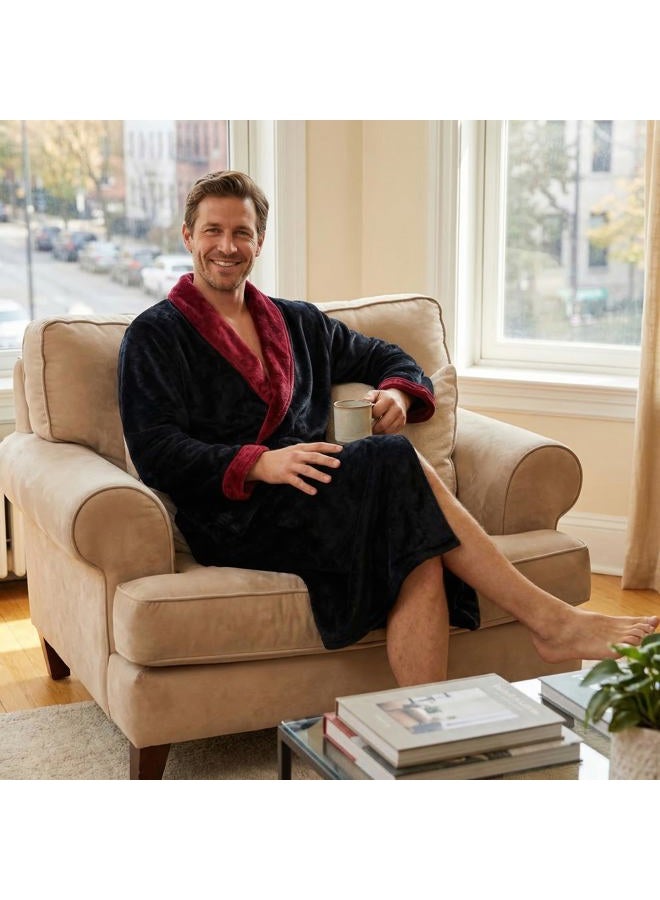 U2SKIIN Mens Fleece Robe Plush Collar Shawl Bathrobe, Black/Dark Red, L-XL - Image 5