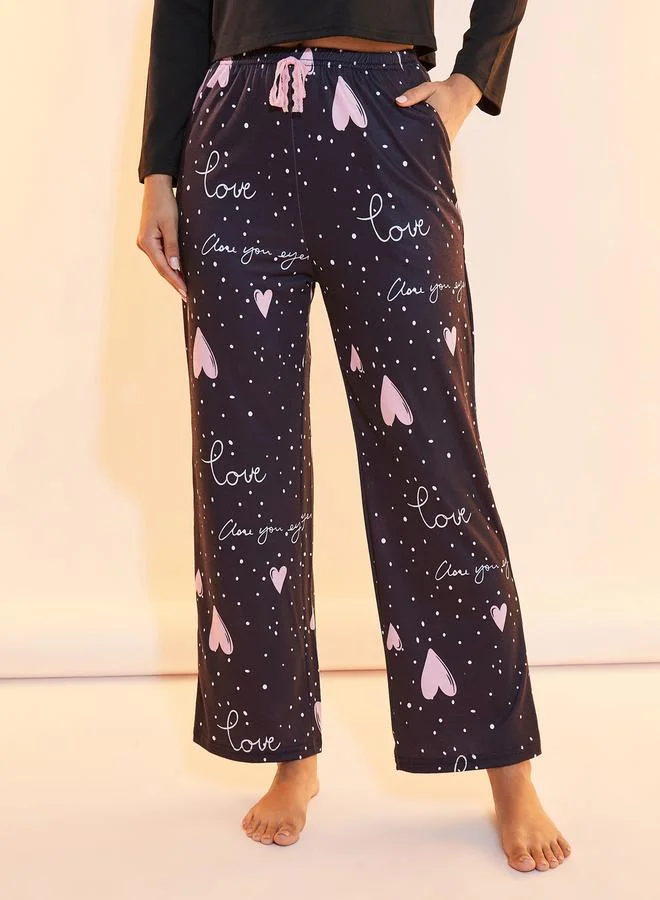 تايك تو Slogan Print Round Neck T-Shirt & Trousers Pyjama Set