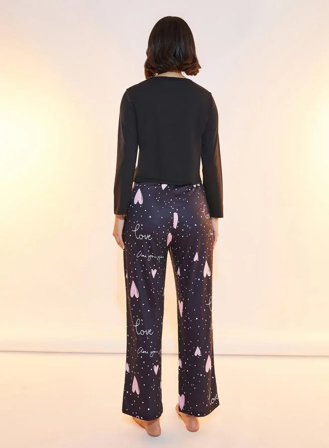 تايك تو Slogan Print Round Neck T-Shirt & Trousers Pyjama Set