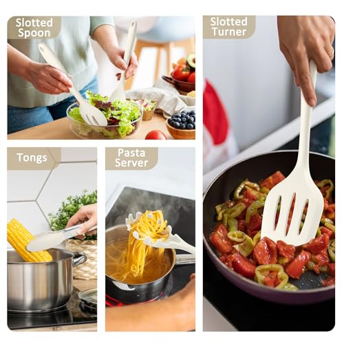 Leonyo 10 Pack Kitchen Utensils Set for Cooking, Leonyo Silicone Cooking Utensils Set, 446°F Heat Resistant Silicone Kitchen Tool with Turner Spatula, Serving Spoon, Whisk for Nonstick Cookware - White - Image 5