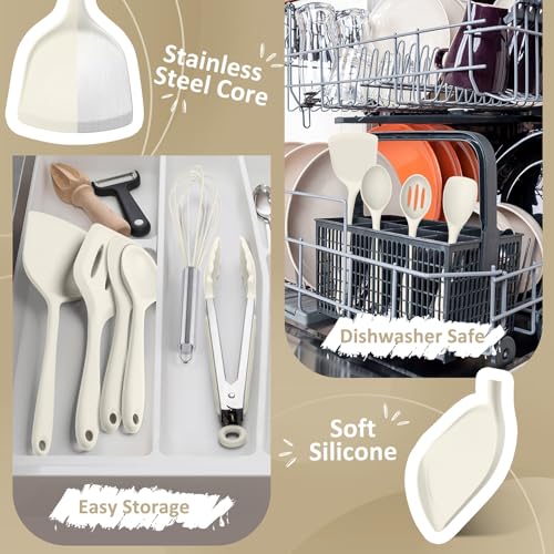 Leonyo 10 Pack Kitchen Utensils Set for Cooking, Leonyo Silicone Cooking Utensils Set, 446°F Heat Resistant Silicone Kitchen Tool with Turner Spatula, Serving Spoon, Whisk for Nonstick Cookware - White - Image 3