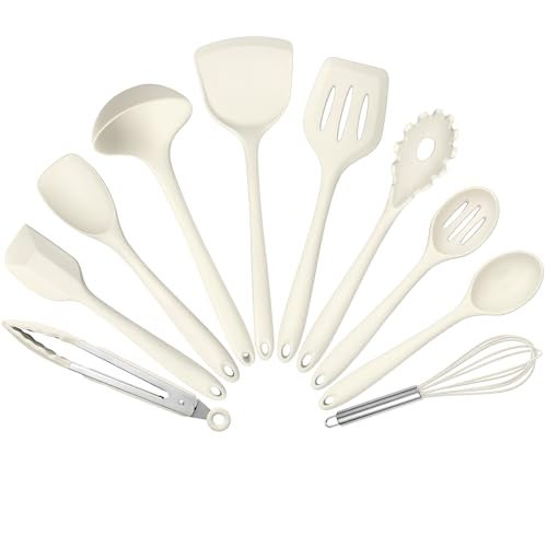 Leonyo 10 Pack Kitchen Utensils Set for Cooking, Leonyo Silicone Cooking Utensils Set, 446°F Heat Resistant Silicone Kitchen Tool with Turner Spatula, Serving Spoon, Whisk for Nonstick Cookware - White - Image 1