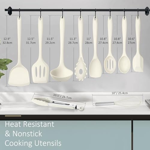 Leonyo 10 Pack Kitchen Utensils Set for Cooking, Leonyo Silicone Cooking Utensils Set, 446°F Heat Resistant Silicone Kitchen Tool with Turner Spatula, Serving Spoon, Whisk for Nonstick Cookware - White - Image 2