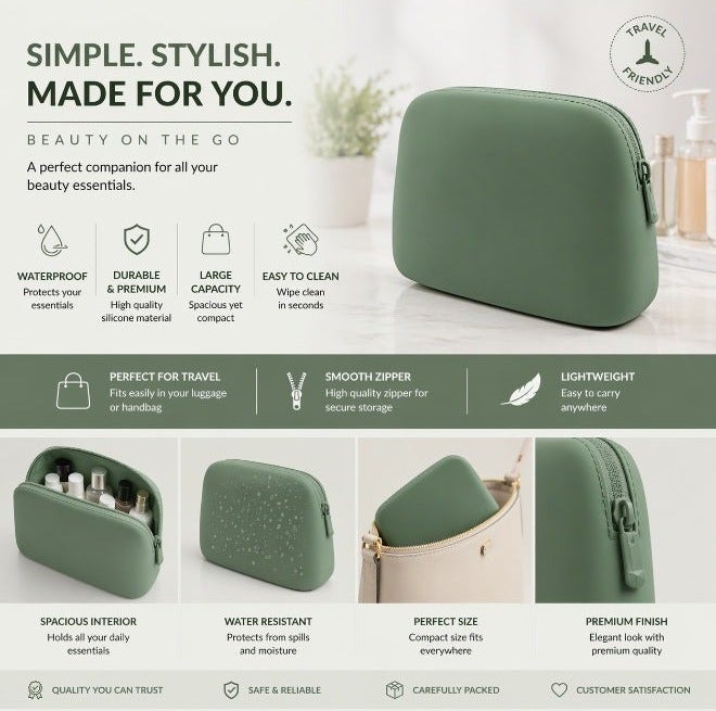 Silicone Waterproof Makeup Bag – Large Travel Cosmetic Pouch (Green) - Image 3