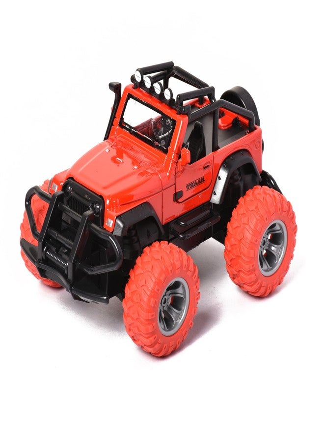 Braintastic Pullback Friction Thaar Jeep Model Diecast Metal Car with Openable Doors, Light & Music, 1:32 Scale Toy car for Kids (Thar Red Color) - Image 1