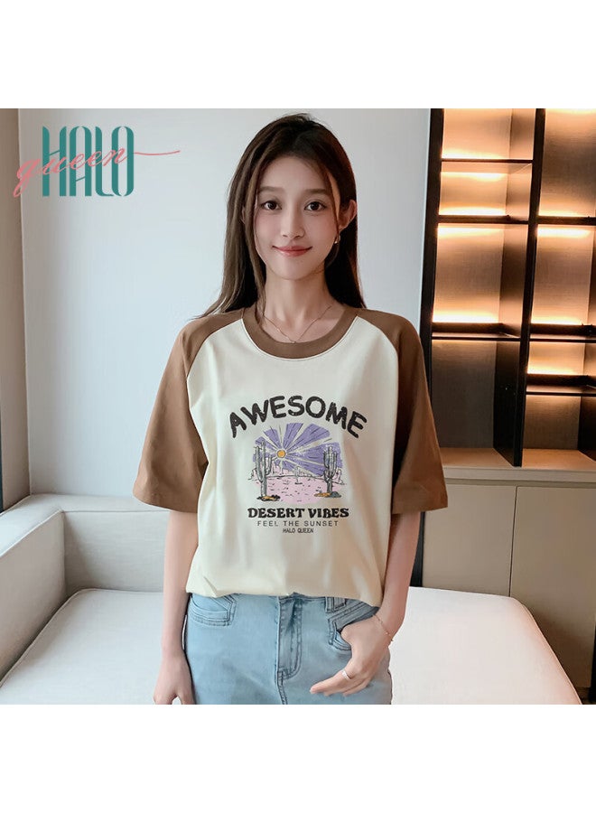 HALOQUEEN Halo Queen Women's Short Sleeve T-shirt Summer Korean Style Plant Print Trendy Top H143t1412 - Image 1