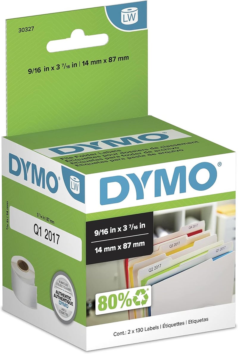 Dymo Authentic LW 1-Up File Folder Labels Labels for LabelWriter Label Printers White 9/16" x 3-7/16" 2 Rolls of 130 (260 Total) - Image 1