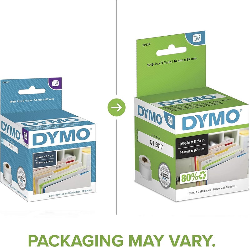 Dymo Authentic LW 1-Up File Folder Labels Labels for LabelWriter Label Printers White 9/16" x 3-7/16" 2 Rolls of 130 (260 Total) - Image 2