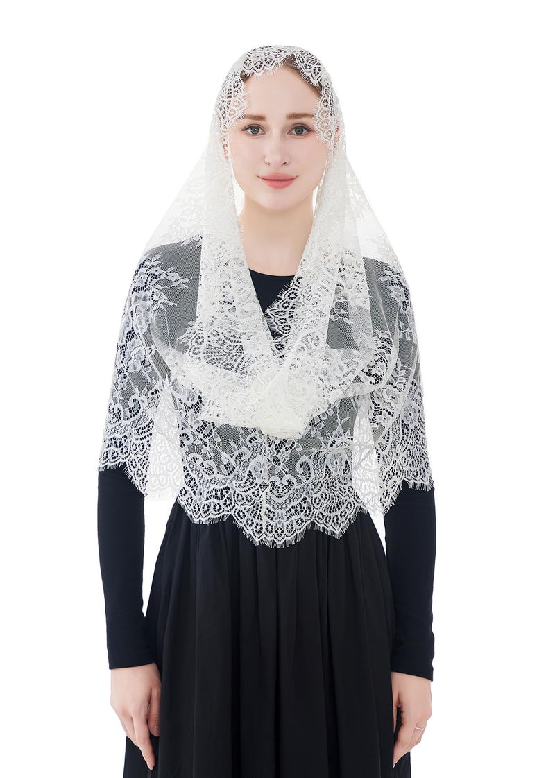 Wgior Spanish Infinity Veils for Church Lace Chapel Veils Catholic Church Veil Latin Mass Head Covering Scarf Mantilla (Ivory) - Image 3