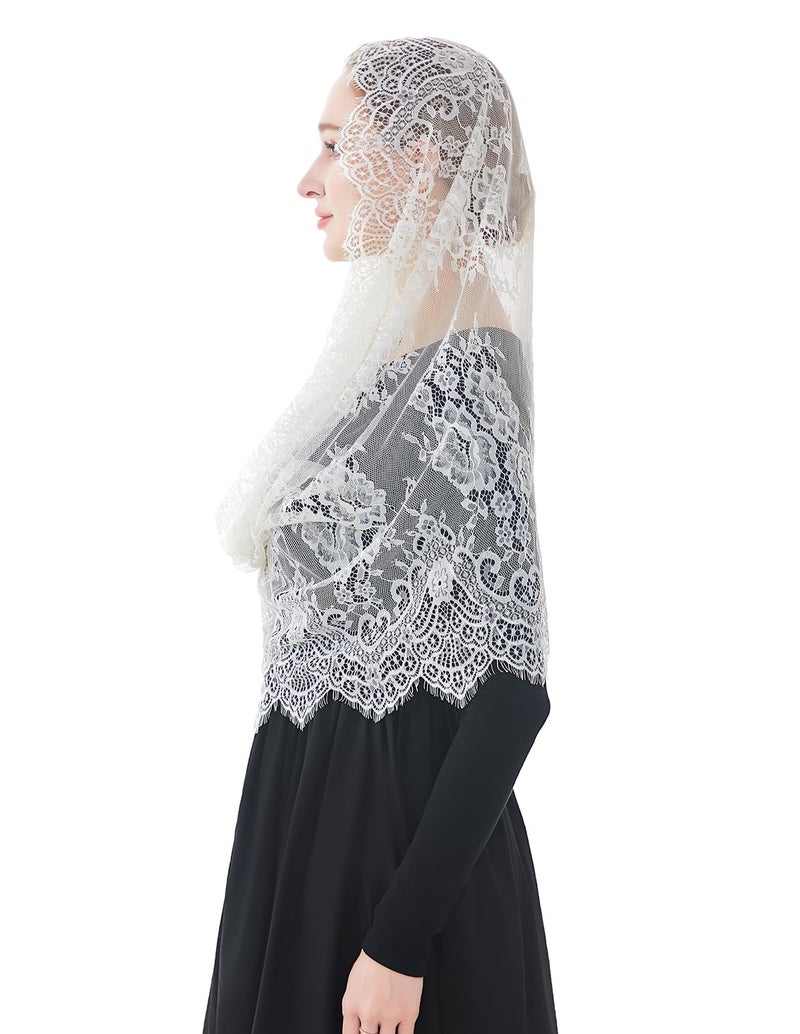 Wgior Spanish Infinity Veils for Church Lace Chapel Veils Catholic Church Veil Latin Mass Head Covering Scarf Mantilla (Ivory) - Image 4