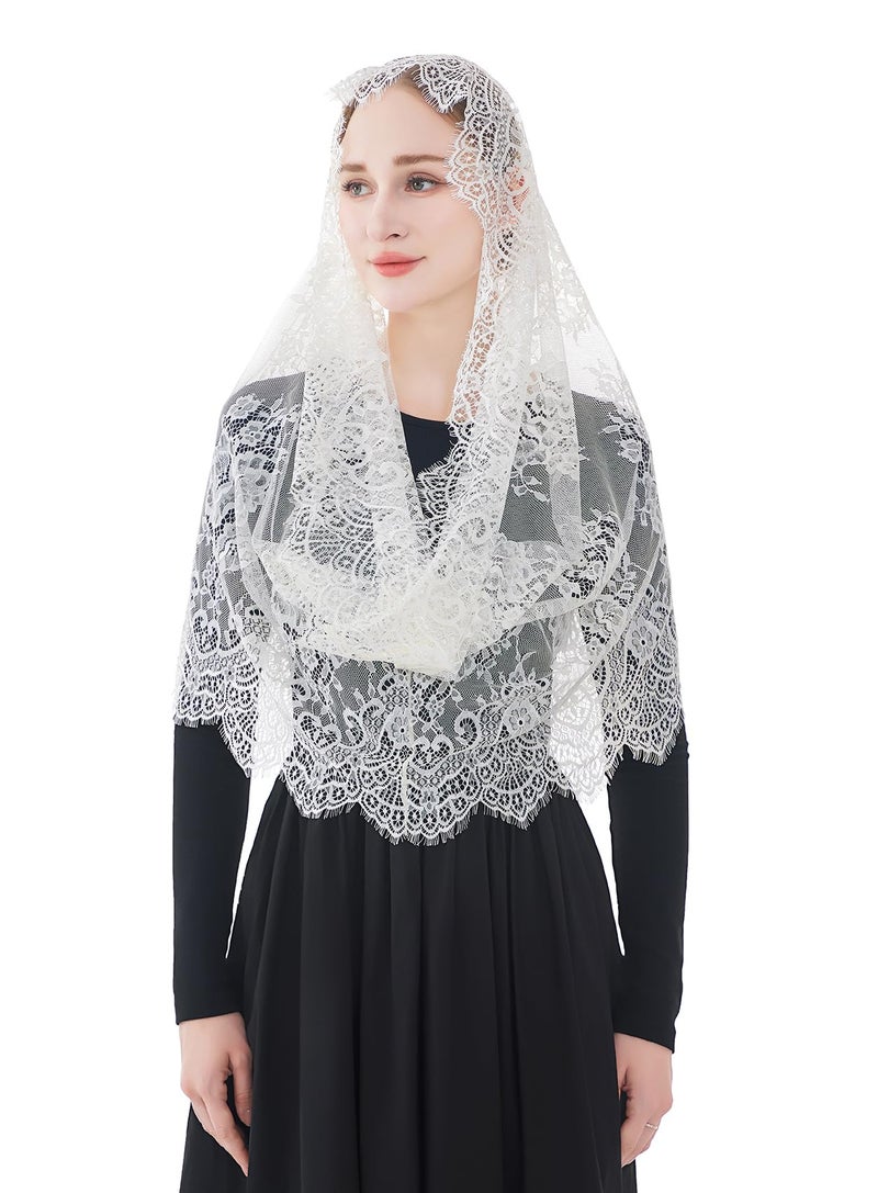 Wgior Spanish Infinity Veils for Church Lace Chapel Veils Catholic Church Veil Latin Mass Head Covering Scarf Mantilla (Ivory) - Image 1