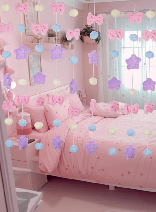 NiHome Fluffy Plush Doorway Curtain, Cute Hanging String Garland Kawaii Wall Hanging Home Decor for Girl Baby Room,Plush Bowknot Pentacle Garland Curtain with Hooks & Adhesive Velcro, 9 Strings - Image 1