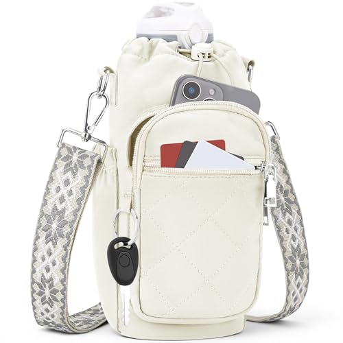 SYTRAH Water Bottle Carrier Bag with Strap Water Bottle Purse with Phone Pocket 40oz Insulated Crossbody Bags for Walking Hiking White - Image 1