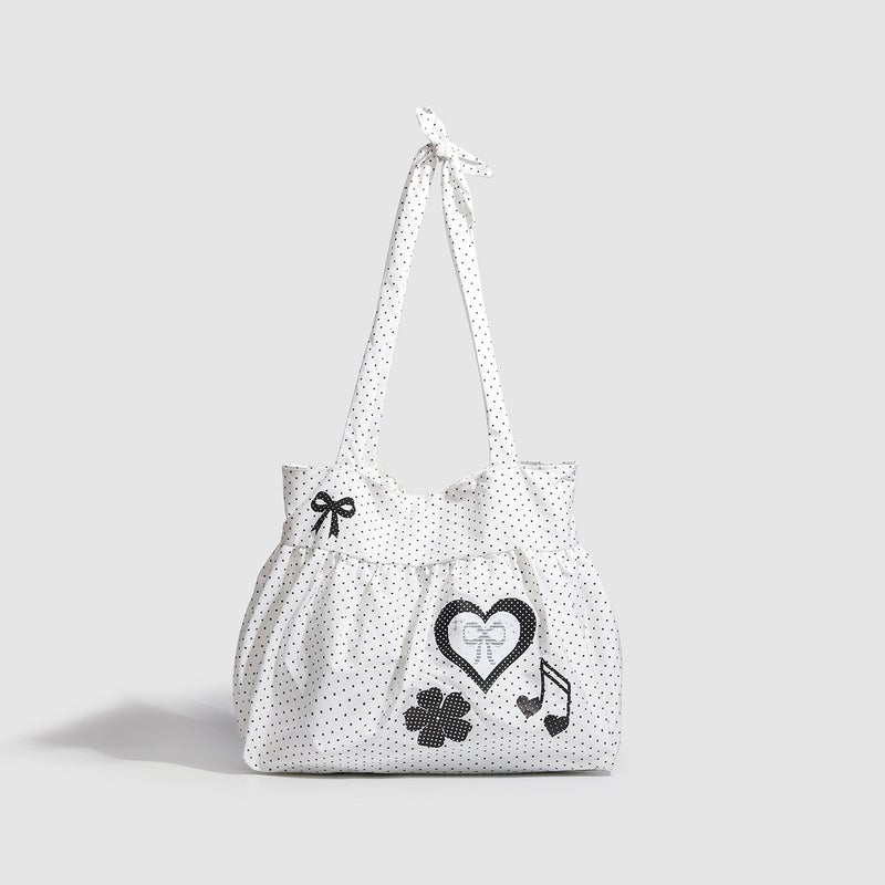 Korean Style Polka Dot Tote Bag with Bow and Retro Music Print, Large Capacity Shoulder Bag for Women - Image 1