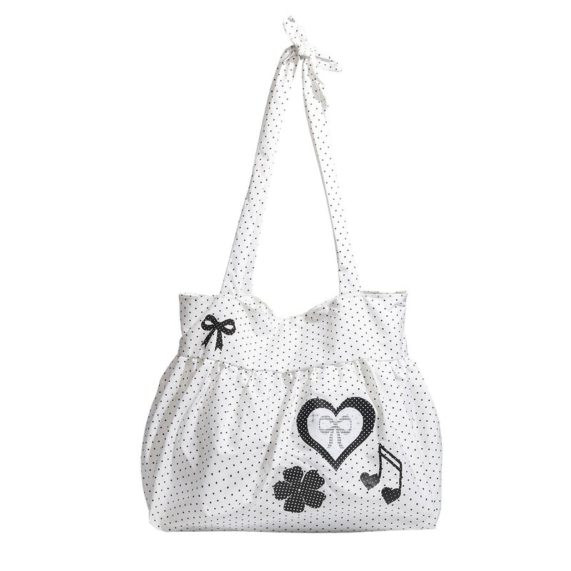 Korean Style Polka Dot Tote Bag with Bow and Retro Music Print, Large Capacity Shoulder Bag for Women - Image 5
