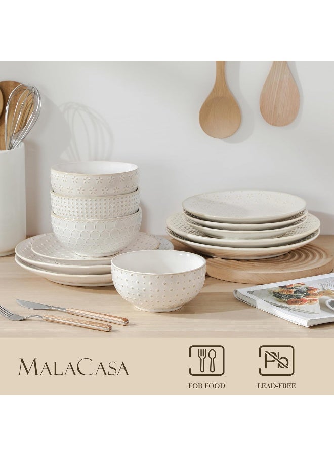MALACASA 12 Pieces Dinnerware Sets Modern Relief Design Plates and Bowls Sets White Dish Set for 4 Kitchen Ceramic Dinner Plates Dishware Set Microwave and Dishwasher Safe Series LYDIA - Image 4