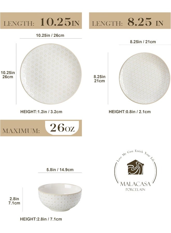 MALACASA 12 Pieces Dinnerware Sets Modern Relief Design Plates and Bowls Sets White Dish Set for 4 Kitchen Ceramic Dinner Plates Dishware Set Microwave and Dishwasher Safe Series LYDIA - Image 2
