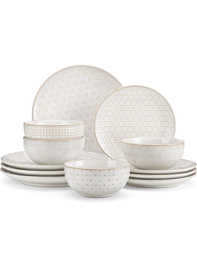MALACASA 12 Pieces Dinnerware Sets Modern Relief Design Plates and Bowls Sets White Dish Set for 4 Kitchen Ceramic Dinner Plates Dishware Set Microwave and Dishwasher Safe Series LYDIA - Image 1