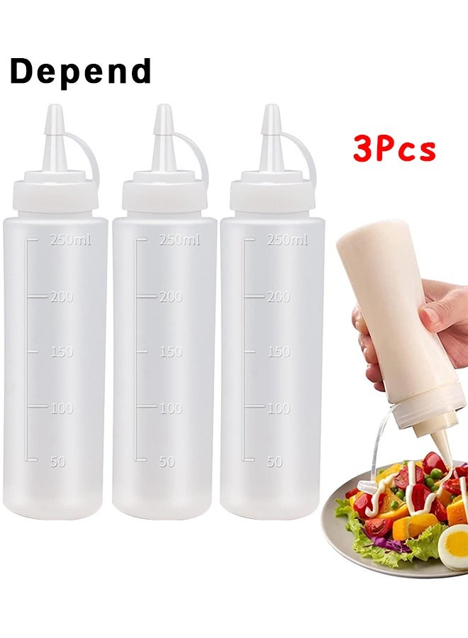 Depend 3-Packs Plastic Squeeze Sauce Bottles, Plastic Condiment Bottle, Squeezer Clear With Nozzle Caps, Reusable Squeeze Condiment Bottles Dispensers Suitable For Mustard Olive Oil Jam Ketchup Salad Dressing (250ML) - Image 1