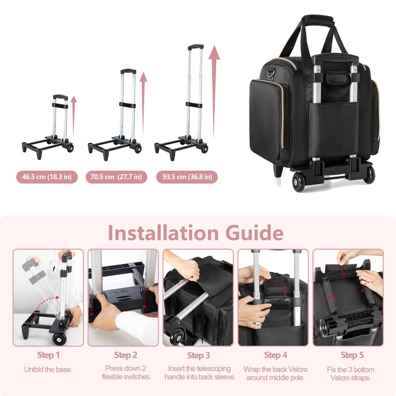 Prokva Rolling Makeup Case with 4 Removable Bags, Professional Makeup Train Case with Wheels, Makeup Artist Travel Bag with Brushes Storage Section, Black (Patent Design) - Image 5